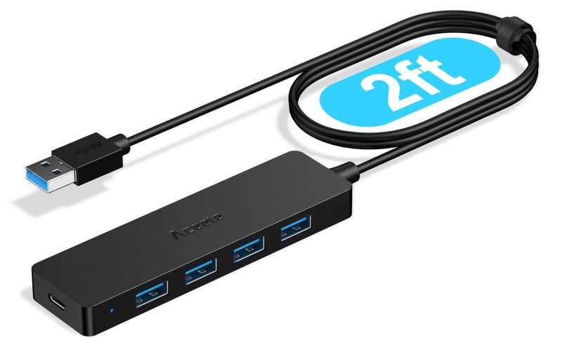 Aceele 4-Port USB 3.0 Hub, Ultra-Slim Data USB Hub with 2ft Extended Cable [Charging Not Supported], USB Extender for MacBook, Mac Pro, Mac mini, iMac, Surface Pro, XPS, PC, Flash Drive, Mobile HDD - Image 1